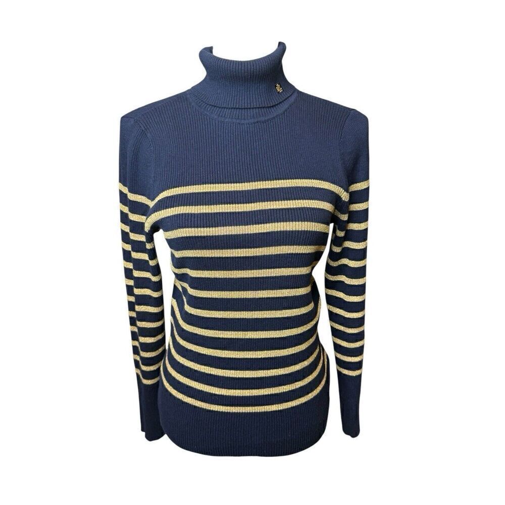 RALPH LAUREN Navy Blue Gold Metallic Stripe Cotton Blend Logo Ribbed Sweater L